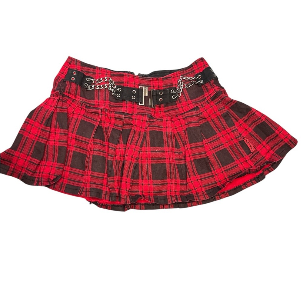 Tripp NYC Red and Black Plaid Mini Skirt with Chain Accents